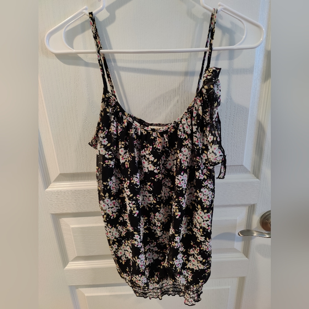 Belle Du Jour Black and White Pink Daisy Floral Bow Tie Straps Blouse